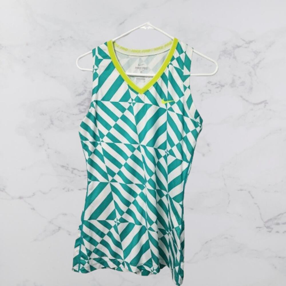 Nike PRO Dri-Fit Fitted Tank Top Shirt Medium Green White V-Neck